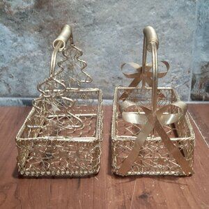 Gold Metal Wire Basket Christmas Tree and Ribbon Design Christmas Container Deco